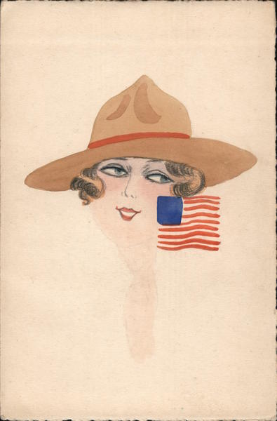 Hand Drawn, Original Art Woman WWI Hat American Flag