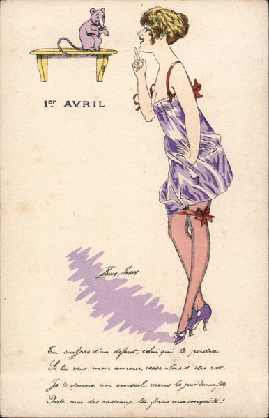 Girl in purple nightie talking to rat on shelf. 1 en Avril.