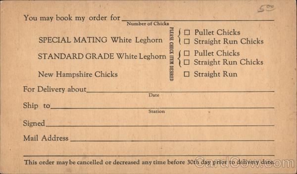 Form for ordering chickens from The Pioneer Hatchery and Breeding Farms Petaluma California