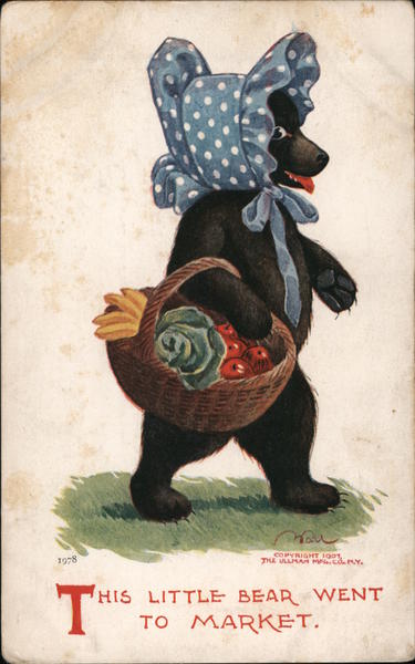This little bear went to market Bear wearing a blue bonnet and carrying basket of vegetables.