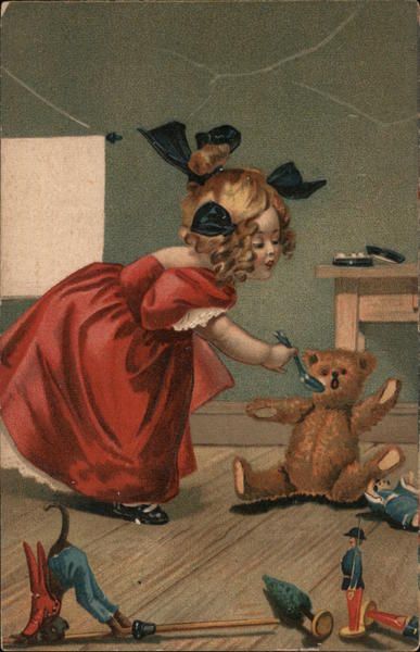 Girl feeding a Teddy Bear with a Spoon Girls