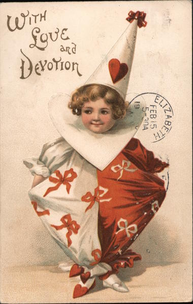 With Love and Devotion. Girl in Valentine clown outfit.