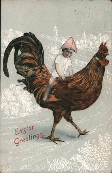 Easter Greetings - Child Riding a Rooster With Children