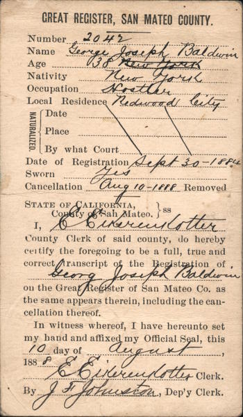 Great Register, San Mateo County, Voter Registration 1884