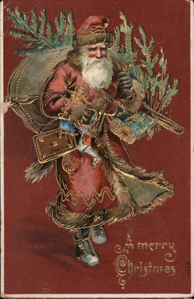 A Merry Christmas -- Santa Carrying Toys and a Tree