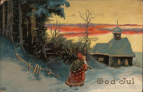Swedish God Jul Santa Coming from forest walking towards house