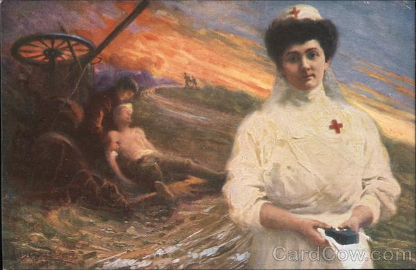 Red Cross nurse, injured soldier in battlefield, horse drawn wagon.