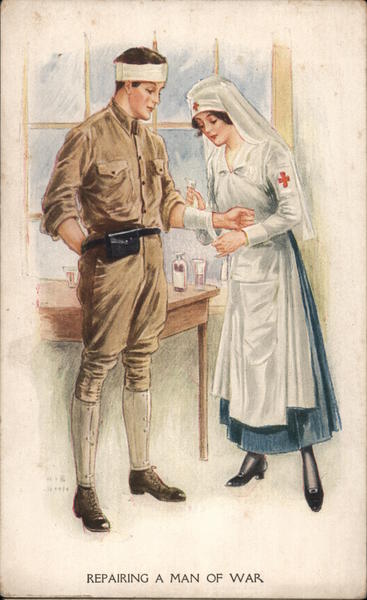 REPAIRING A MAN OF WAR Red Cross nurse assisting an injured soldier.