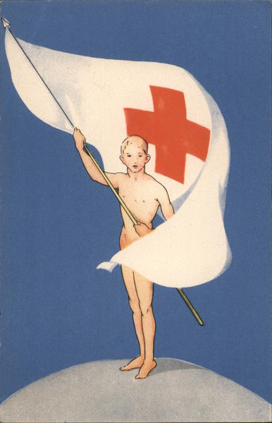 Naked Boy holding Red Cross Flag