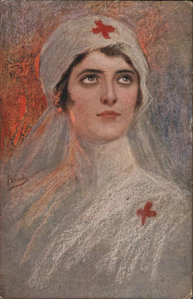 Chalk drawing of woman wearing Red Cross top and hat.