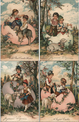 Set of 4: Children with Lamb, Easter Eggs Postcard