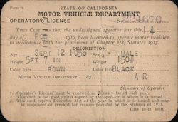 1919 State of California Motor Vehicle Department Operator's License Postcard Ephemera
