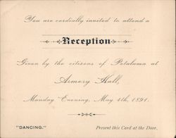 Invitation to a reception at Armory Hall1891 Petaluma, CA Other Ephemera Ephemera Ephemera