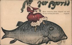 Woman riding side saddle on large fish. Postcard