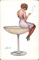 Girl smoking cigarette sitting on champagne glass. Postcard