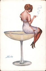 Girl smoking cigarette sitting on champagne glass. Xavier Sager Postcard Postcard Postcard