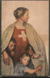Woman in red dress with cross sheltering three frightened children Red Cross gebr pretz Postcard Postcard Postcard