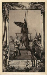African Hunter shown shooting python. Standing next to dead crocodile on display. Postcard