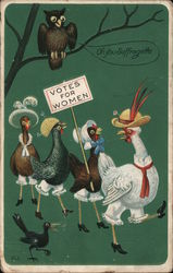 Votes for women sign carried by dressed chickens. Postcard