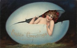Easter Greetings. Woman coming out of egg. Postcard