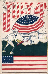 July 4th - Young Man with firecracker about to Scare a Couple Under an Umbrella Postcard