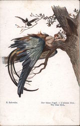 The blue bird. Queen with blue bird wings. Postcard