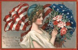 May thy sweet blossom never cease to bloom in love and trust and peace. US Flag, Woman, Flowers Postcard