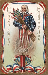 Hurrah for the Fourth of July. Uncle Sam, fireworks and fire cracker Postcard