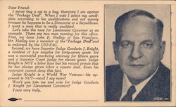 Dear Friend...Won't you join me an vote for Judge Goodwin J. Knight for Lieutenant Governor? Postcard