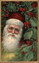 Loving Christmas Wishes. Santa, Holly berries and leaves. Postcard
