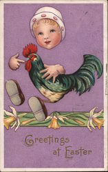 Fade-Away Greetings at Easter. Baby, Rooster and lillies Postcard