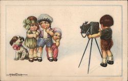 Children and dog having picture taken with camera photographer. Artist Signed A. Bertiglia Postcard Postcard Postcard