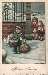 Bonne Annee, Mail Man with Packages, Children A. Bertiglia Postcard Postcard Postcard