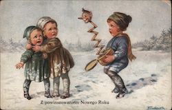 Two children being scared by a jack-in-the-box. Postcard