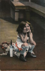 Little girl using chamber pot with doll and milk bottle nearby Postcard