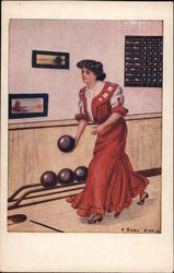 Woman in Red Dress Bowling. F. Earl Christy Postcard Postcard Postcard