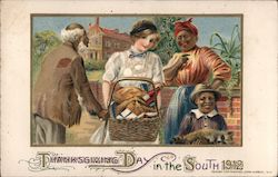 Thanksgiving Day in the South 1912. White woman with basket of food for black family. Child holds raccoon. Postcard