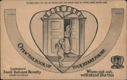 Open the door of your heart for me. Cupid at door of woman. Postcard