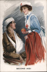 Second Aid! Red Cross Nurse giving apple to bandaged soldier Postcard