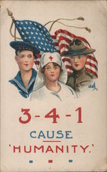 3-4-1 CAUSE HUMANITY Red Cross nurse with two soldiers behind her. Postcard Postcard Postcard