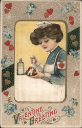 Valentine Greeting. Red Cross Nurse mending a broken heart. Postcard