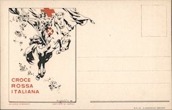 Red Cross. Croce Rossa Italiana. Woman on horse with red cross shield and flag Postcard