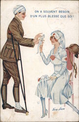 We often need a more wounded self. Injured soldier helping Red Cross nurse bandage. Xavier Sager Postcard Postcard Postcard