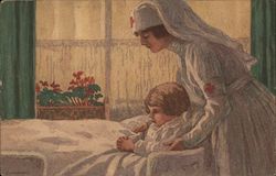 Red Cross Nurse helping a child in bed Postcard