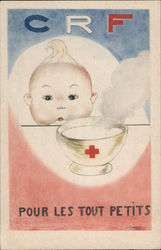 CRF Pour les tout petits. Baby eating from Red Cross bowl. Postcard