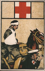 German Red Cross aid leading horse carrying injured soldier. Postcard
