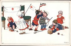 Group of 7 children playing war and Red Cross. Postcard