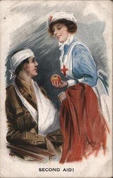 Second Aid! Red Cross Nurse giving apple to bandaged soldier Postcard