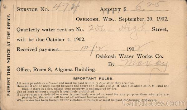 Oshkosh Water Works Co. Water rent reciept. Wisconsin