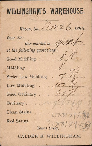 Willingham's Warrehouse. 1895 market quotations. Macon Georgia